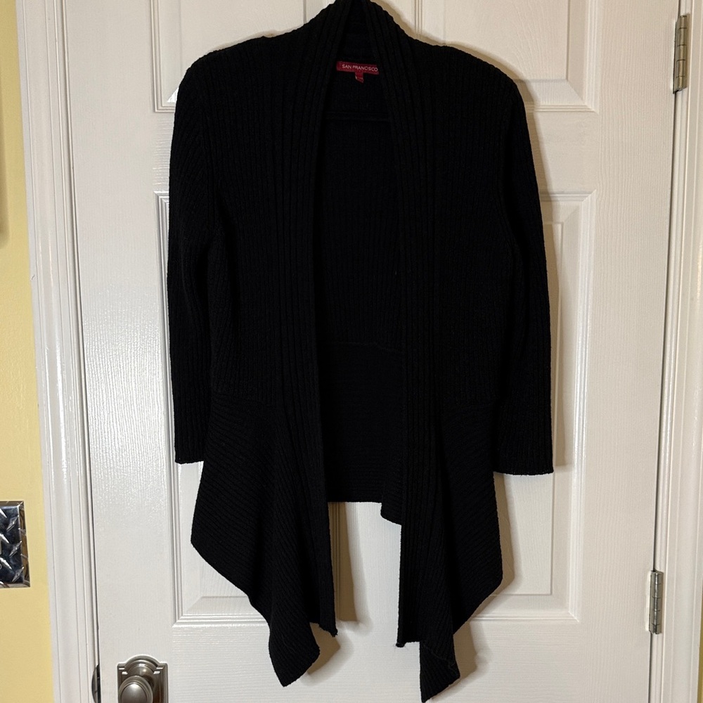 Elegant Black Draped Cardigan Sweater with Abstract Hemline